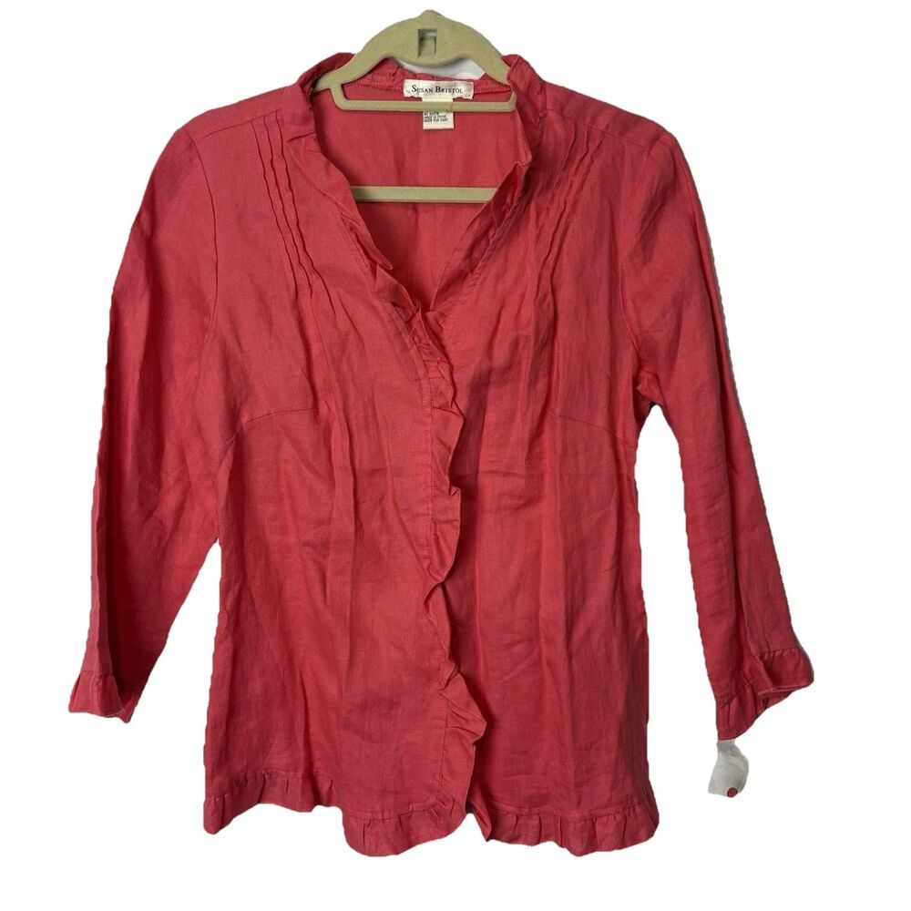 Vintage Susan Bristol 100% Linen Pink Top Blouse Ruffle Trim Medium NWOT Cottage